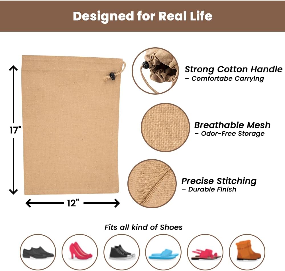 LFH Cotton Rich Shoe Storage Bags with Drawstring, Dustproof Breathable Reusable Organizer, Perfect For Travel, Dorm, Hotel, College, Gym, Easy to Carry, Machine Washable 12"x17" (Pack of 4) - Beige
