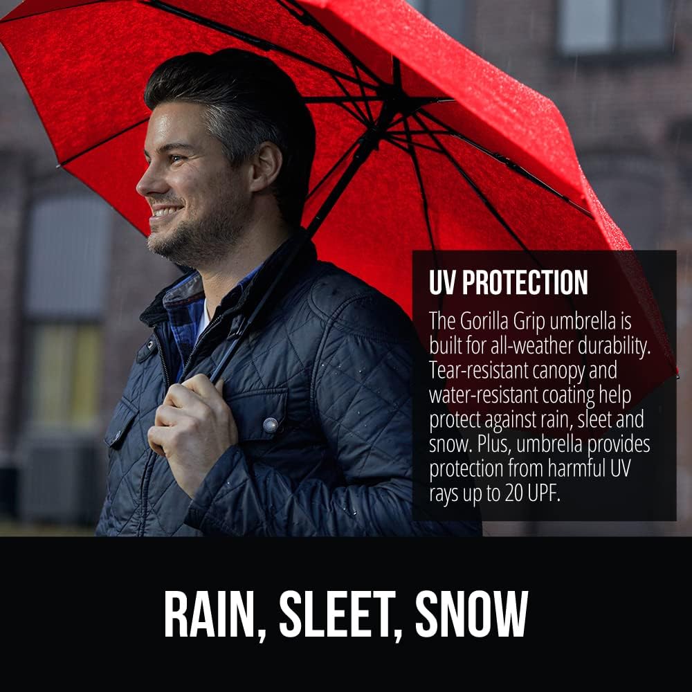 GORILLA GRIP Strong Windproof Stick Compact Umbrella for Rain, One-Click Automatic Open and Close, Durable Quick Dry Waterproof Material, Lightweight and Portable, Travel Size Fits Backpack, Red