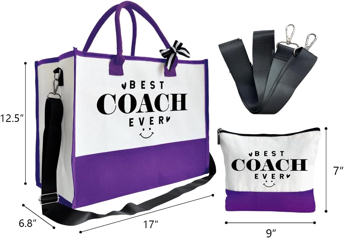 SUSZDOU Gifts for Best Coach Ever - Canvas Beach Tote Bag with Matching Makeup Pouch, Durable Travel Gym Camping Bag, Thank You Gift for Sports Coach, Female Trainers Gifts for Women I1
