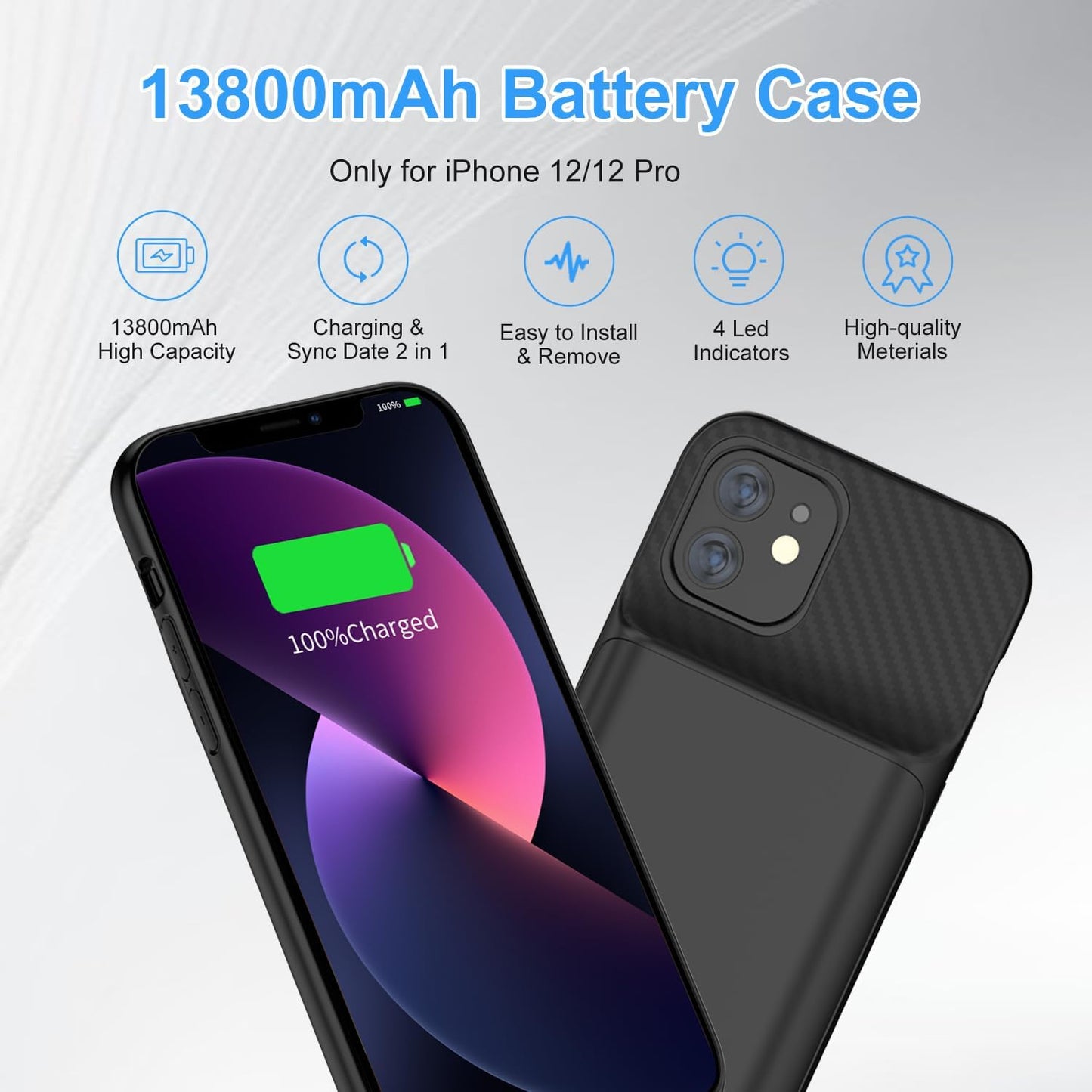 Battery Case for iPhone 12/12Pro, 13800mAh Portable Backup Power Bank Protective Charging Case Rechargeable Extended Battery Charger Cases for iPhone 12/12 Pro Black