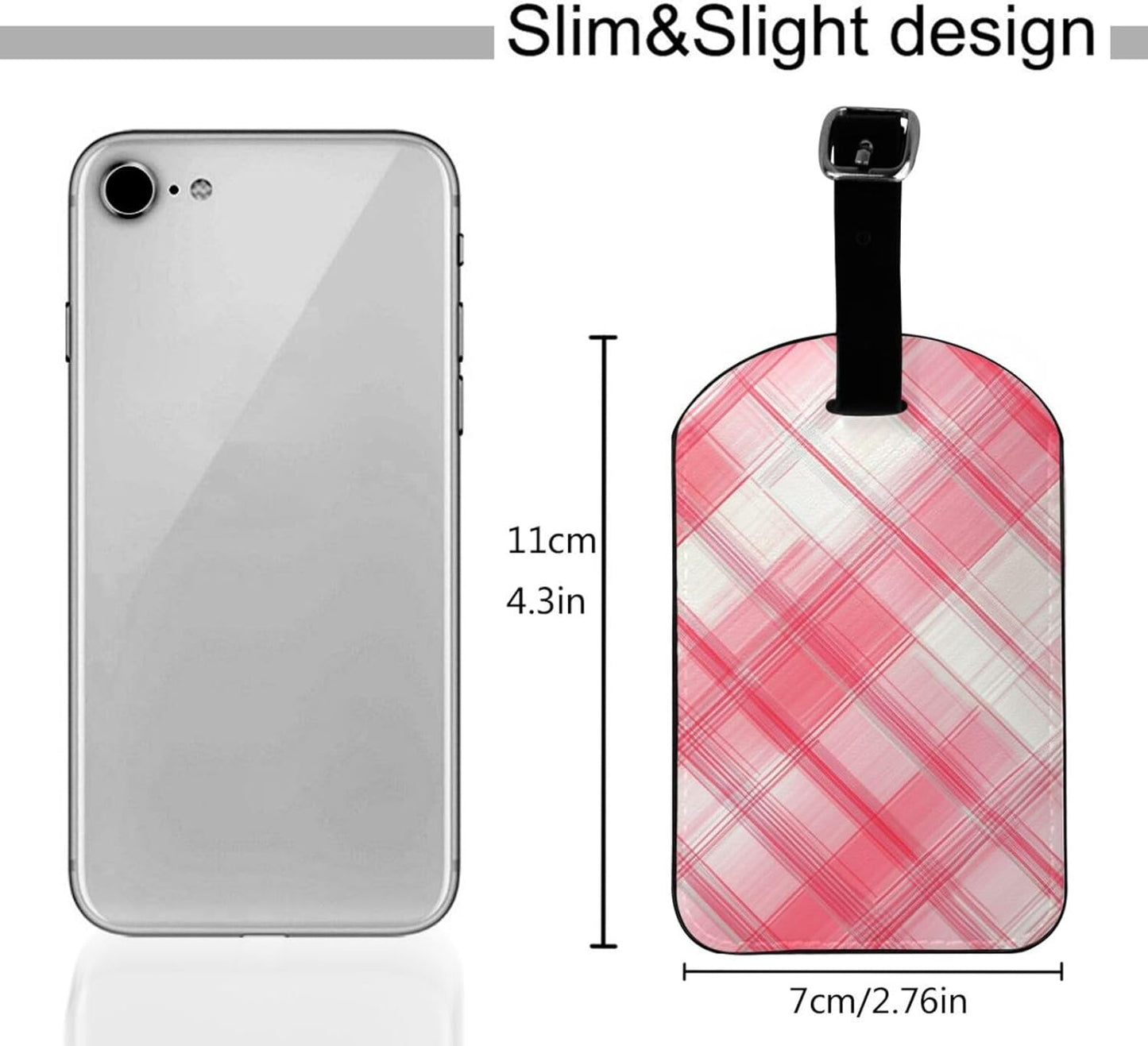 Pink White Plaid Luggage Tag Leather Suitcase Tags Cute Luggage Identifiers for Suitcases Privacy Cover Travel Name Tag for Kids Adult