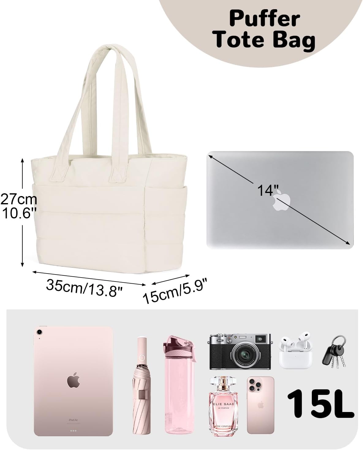 Puffer Tote Bag with Zipper for Women, Lightweight Quilted Handbag with Laptop Compartment for Work Nurse