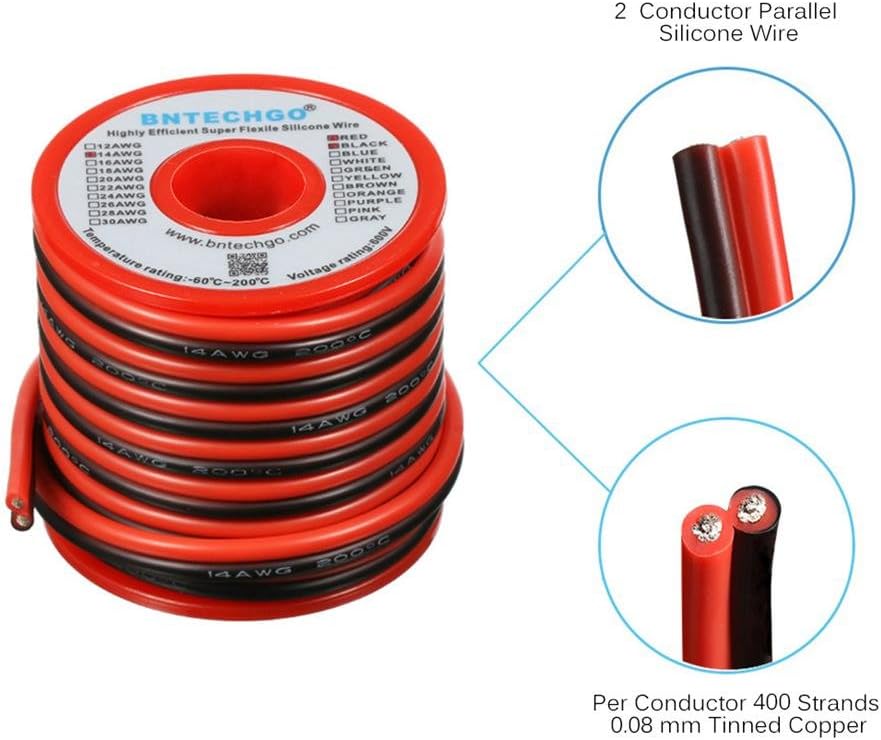 BNTECHGO 14 Gauge Flexible 2 Conductor Parallel Silicone Wire Spool Red Black High Resistant 200 deg C 600V for Single Color LED Strip Extension Cable Cord,Model,20ft Stranded Tinned Copper Wire