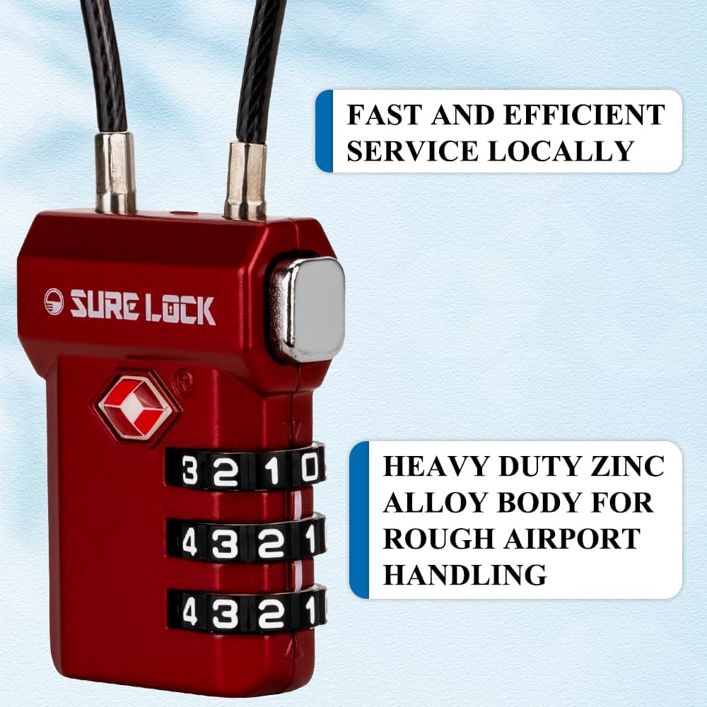 SURE LOCK TSA Approved 3-Digit Combination Luggage Locks – Open Alert Indicator, Re-settable Code with Zinc Alloy Body, Easy-Read Dials for Suitcase, Backpack, Gym Locker & Toolbox (Multiple Colors)