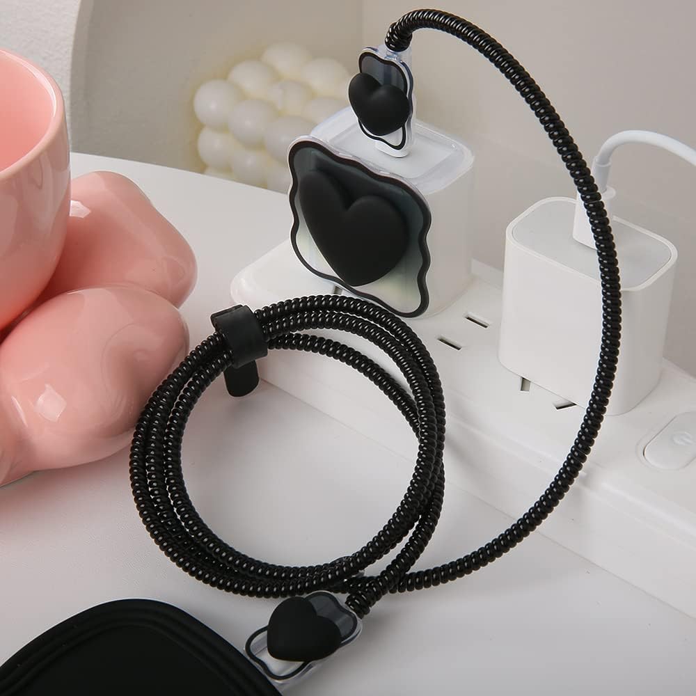 Compatible with iPhone 18W/20W USB-C Charger Cover Lovely 3D Love Heart Waves Clear Soft Charger Protector Cute Cable Saver for iPhone 11 12 13 14 Pro Max Fast Power Adapter, Black 1 (5in1)