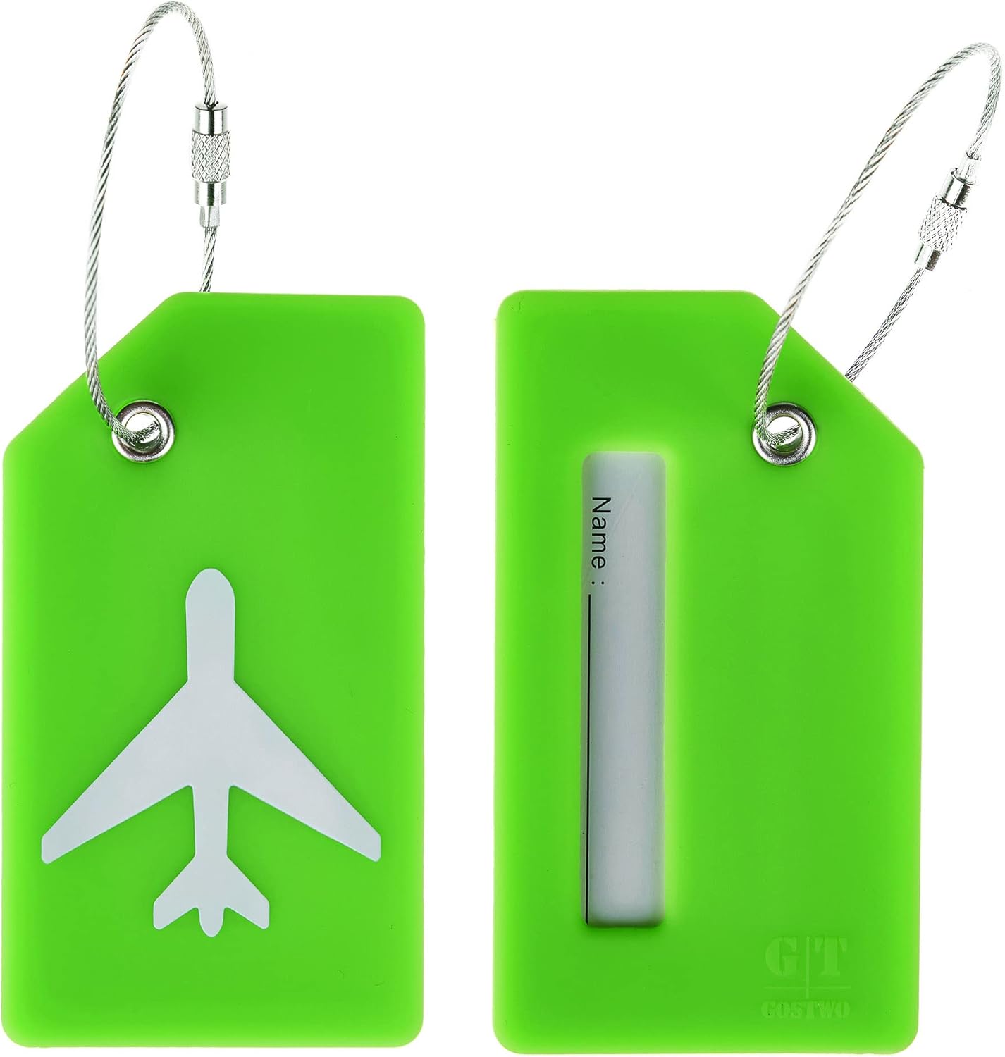 Gostwo 2 Pack Silicone Luggage Tags for Suitcases, 26 Initial Letter Baggage Labels Handbag School Bag Suitcase Instrument Tag with Stainless Steel Loop(Green)(Plane)