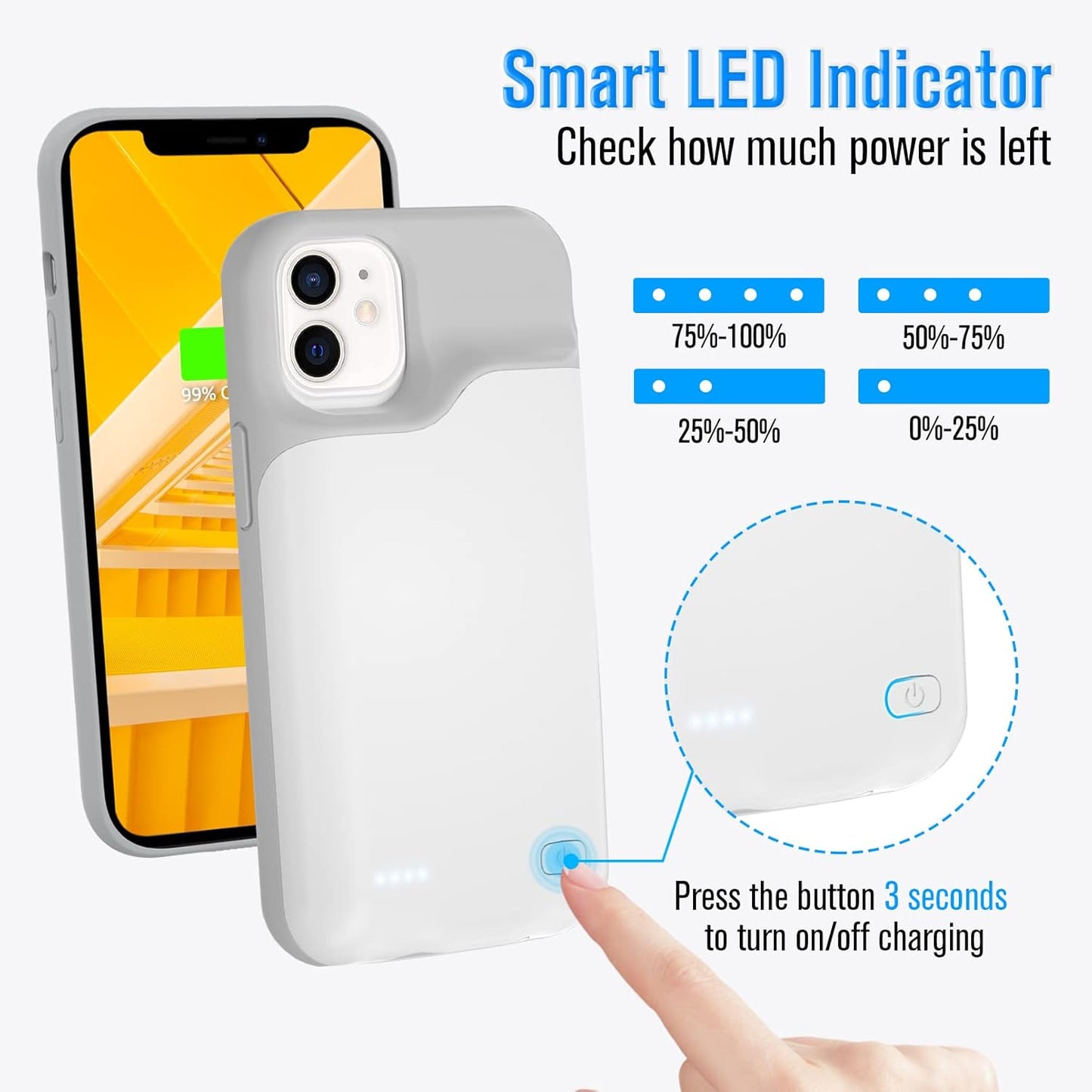 Battery Case for iPhone 11, Real 8500mAh Ultra- Slim Powerful Charging Case Charger Portable External Lightweight Smart Battery Pack Compatible with 11, 6.1 inch, White