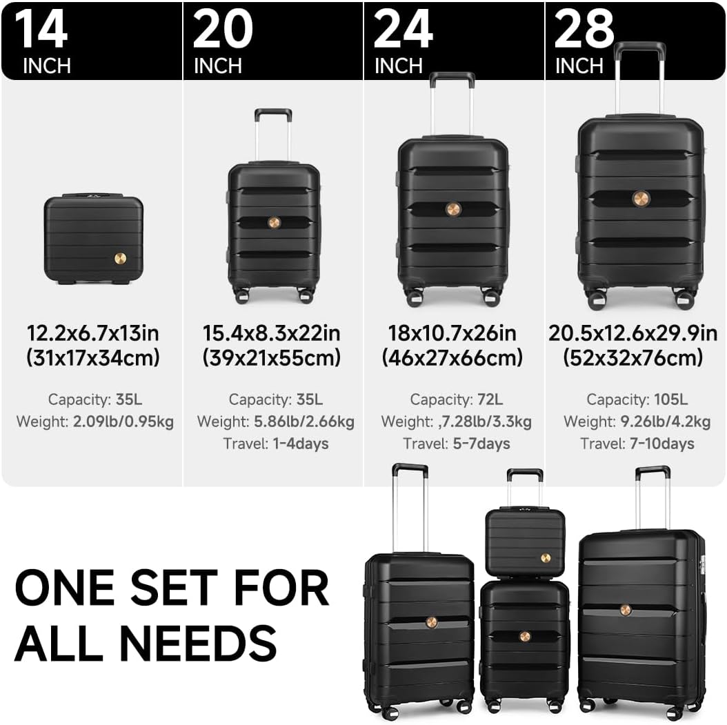 Somago Luggage Sets and Packing Cube Travel Set Lightweight Hardside Polypropylene Suitcases with Double Spinner Wheels and TSA Lock,Classic Black