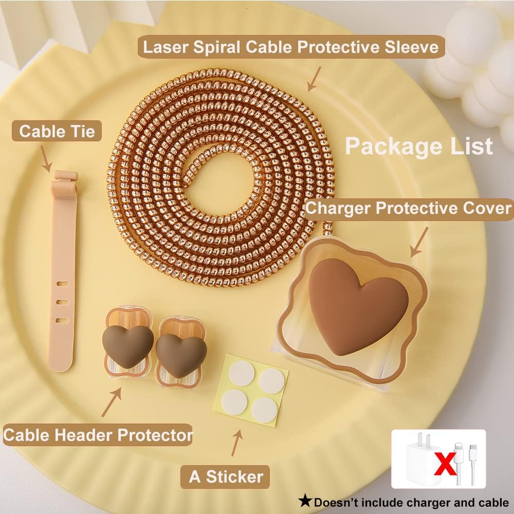 Compatible with iPhone 18W/20W USB-C Charger Cover Lovely 3D Love Heart Waves Clear Soft Charger Protector Cute Cable Saver for iPhone 11 12 13 14 Pro Max Fast Power Adapter, Brown 1 (5in1)