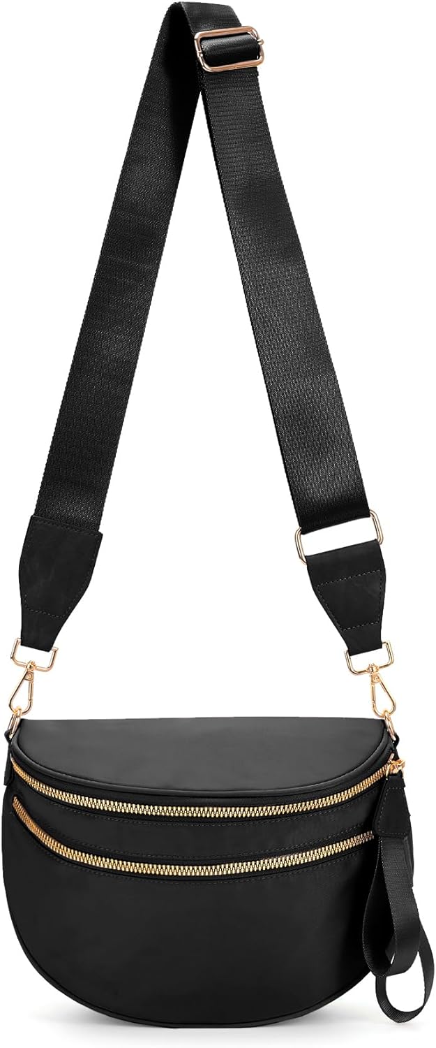 Black Fanny Packs for Women Cross Body Belt Bag, Nylon Crossbody Bag Unisex Fashion Waist Pack with Adjustable Strap