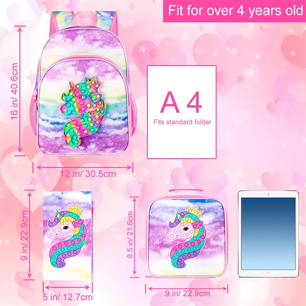 CCJPX 3PCS Backpack for Girls, 16" Kids Unicorn Bookbag and Lunch Box for Elementary Toddler Kindergarten Preschool School