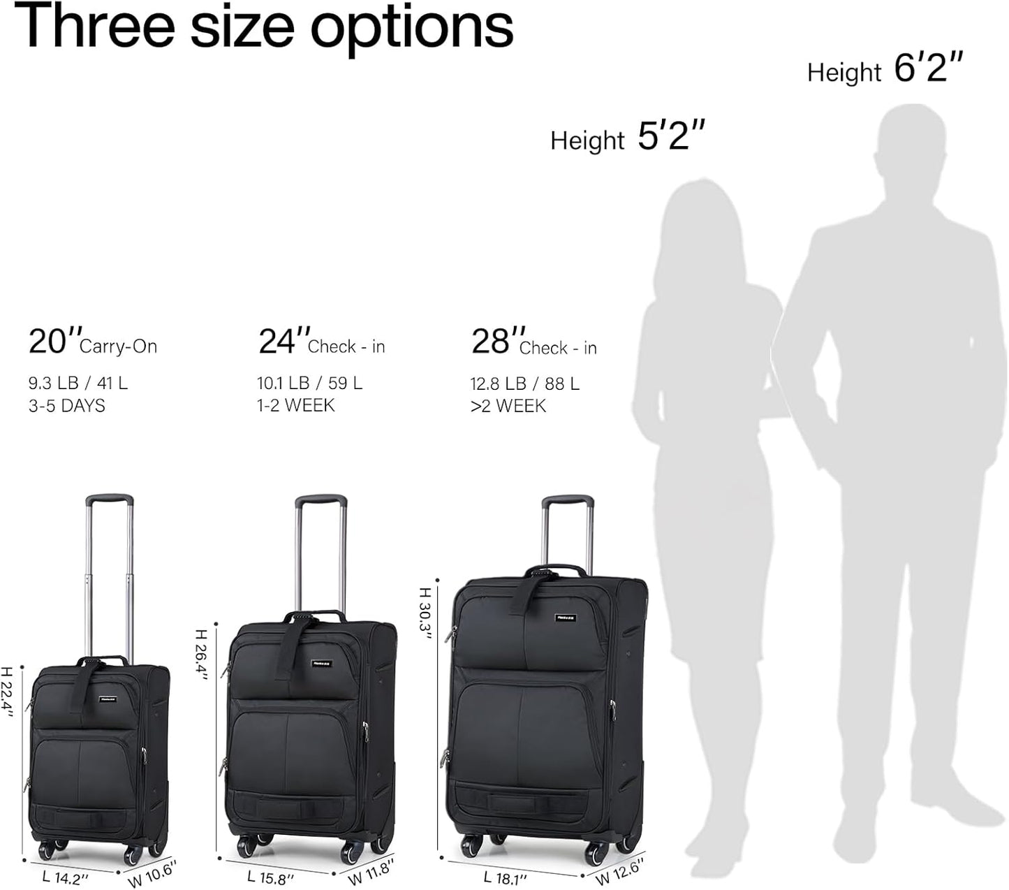 Hanke 3 Piece luggage Sets Softside Expandable luggage with Spinner Wheels TSA Lock,Travel Lightweight Luggage Sets,Black