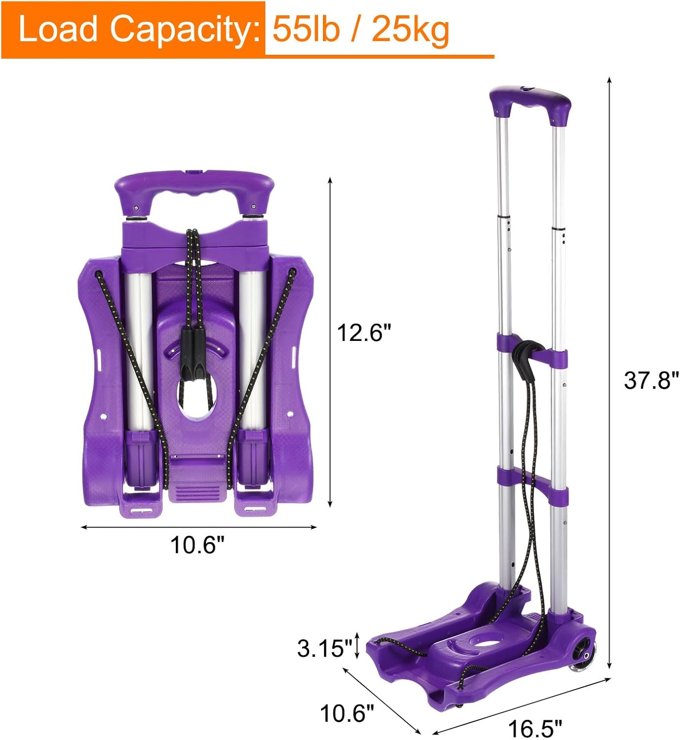 MECCANIXITY Folding Hand Truck 55lb Portable Luggage Cart Aluminum Foldable Dolly Trolly with Telescoping Handle for Travel, Moving, Shopping, Office Purple