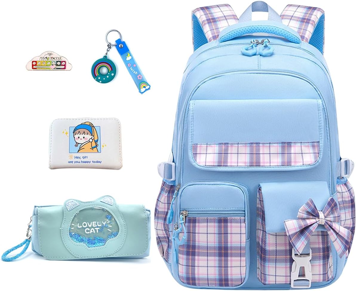 5Pcs Blue Backpack for School Girls - Kawaii Elementary School Bookbag for Kids Cute Plaid Girls Daypacks for Students Teen Kids Casual Travel Bag (Blue Plaid)