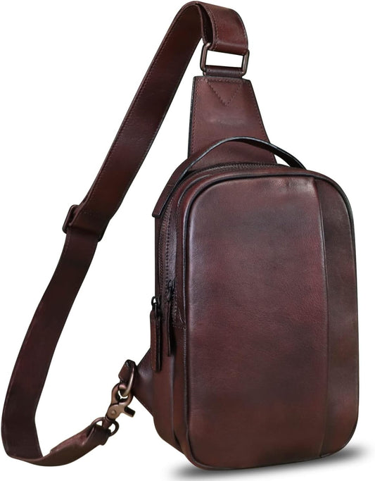 Genuine Leather Sling Bag Crossbody Purse Retro Handmade Hiking Daypack Motorcycle Shoulder Backpack Vintage Chest Bags (Coffee)
