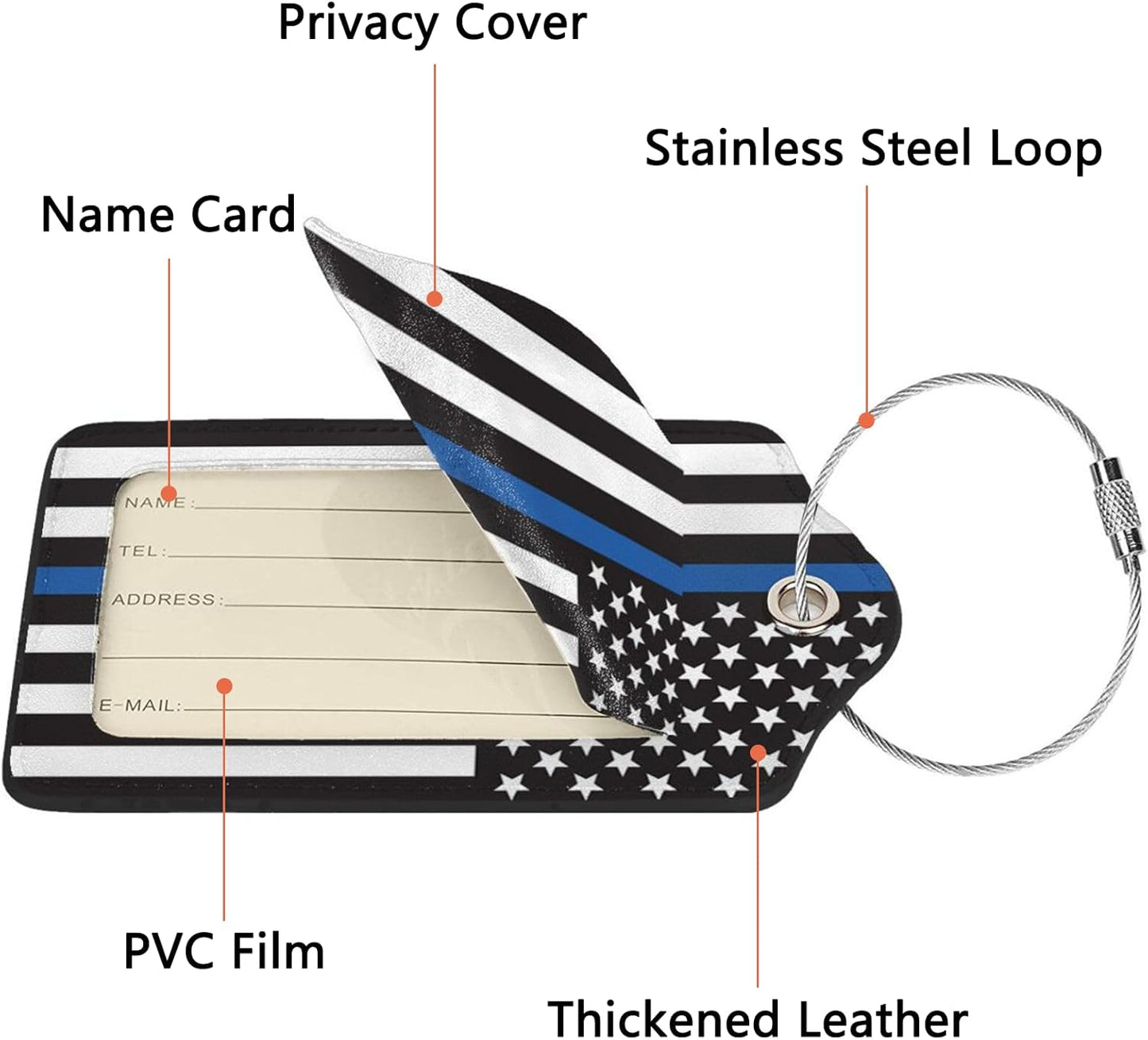 2 Pack Luggage Tags for Suitcase, Privacy Cover ID Label with Stainless Steel and Address Card for Travel Bag Backpack Cruise Ship Essentials Tag Women Men - Thin Blue Line American Flag