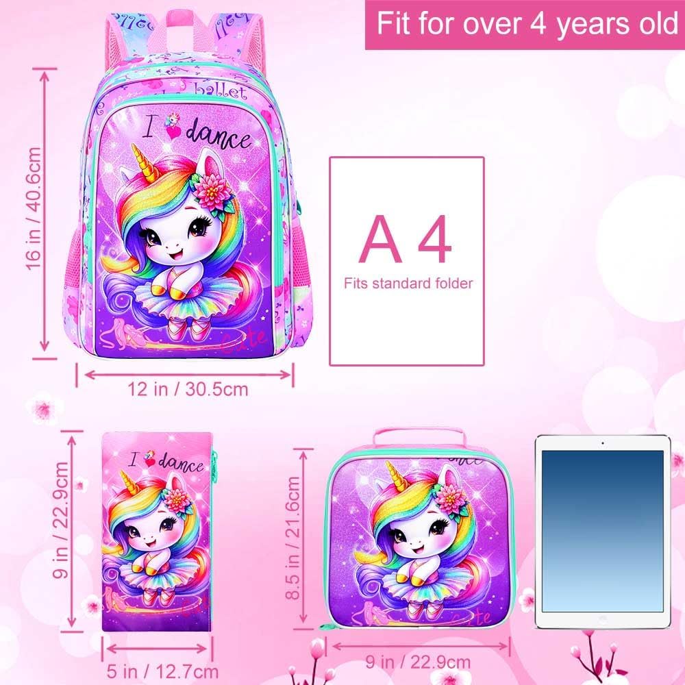 WZLVO 3PCS Kids Backpack for Girls, Unicorn Dinosaur Animal Prechool Elementary Kindergarten School Bookbag with Lunch Box