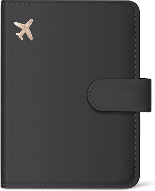 Passport Holder for Travel Essentials, RFID Blocking Leather Cover Wallet with Magnetic Closure, Aesthetic & Cute Passport Book Case for Women and Men - Black