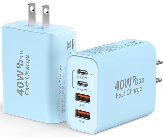 USB C Wall Fast Charger Block, 40W 4-Port Type C Chargers Fast Charging Blocks PD Power Charger Adapter+QC 3.0 USB Multiport Charger Brick for Phone 17/16/15/14/13/12 Pro Max, i-Pad, Galaxy S25-2Pack