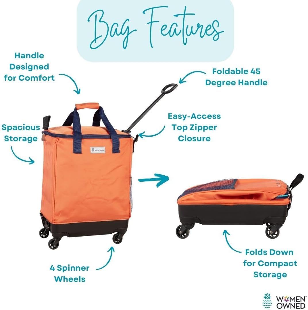 Haul-It Foldable Rolling Tote – Patented Heavy-Duty Utility Bag with 8 Spinner Wheels, – Reusable Grocery Cart, Laundry Carrier, Travel Tote, Commuter Bag for Shopping & More- Orange