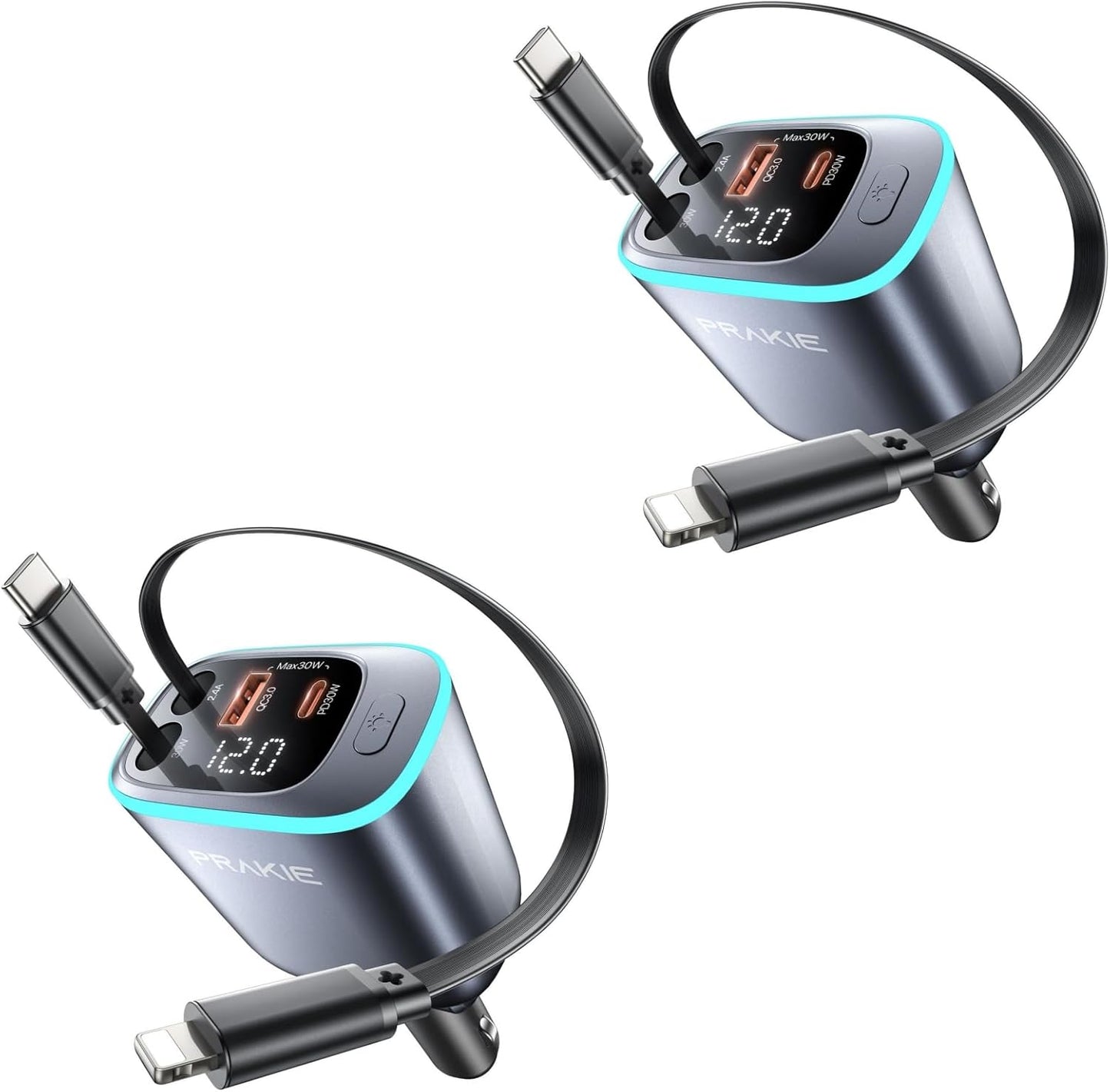 4 in 1 Car Charger, Retractable iPhone Car Charger Fast USB C Phone Charger, Cigarette Lighter with 2 Cable 30 Inch and 2 USB Ports, Multi Port USB Car Charging for iPhone 17/16/15/14/13 Pro Max-2Pack