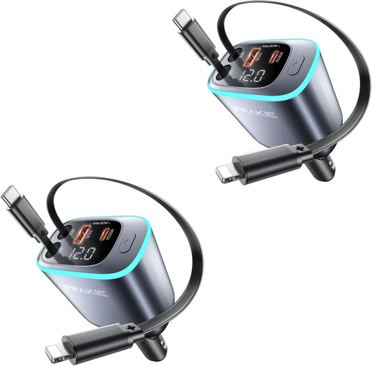 4 in 1 Car Charger, Retractable iPhone Car Charger Fast USB C Phone Charger, Cigarette Lighter with 2 Cable 30 Inch and 2 USB Ports, Multi Port USB Car Charging for iPhone 17/16/15/14/13 Pro Max-2Pack