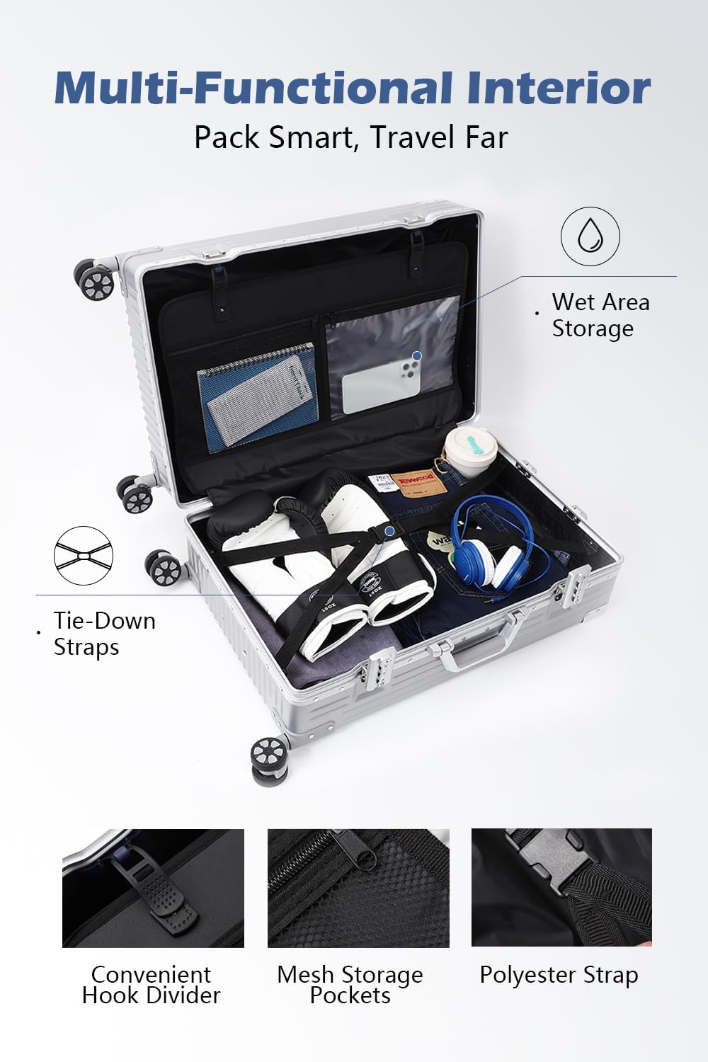 HotWay 3-Piece Luggage Sets with Aluminum Frame, PC Hard Shell Suitcase with Spinner Wheels and TSA Lock, Large Suitcase for Travel, Silver