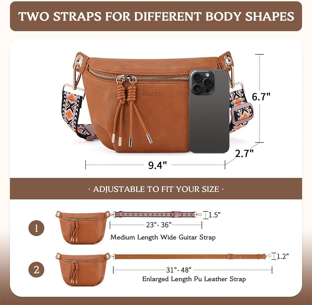 HKCLUF Fanny Pack Crossbody Bags for Women Pu Leather Belt Bag Waist Pack Causal Chest Bum Bag With 2 Straps