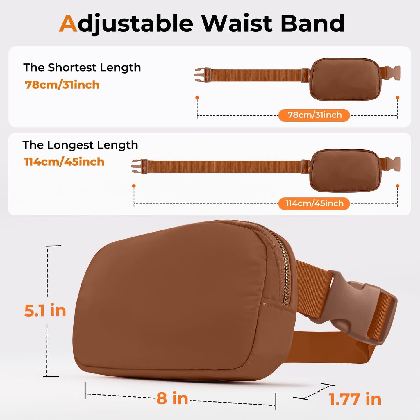Belt Bag Zipper Fanny Pack Crossbody Bags for Women,Fashion Nylon Waist Packs, Water Repellent Two Way wear with Adjustable Strap Gifts for Teenage Girls Women Men(Brown)