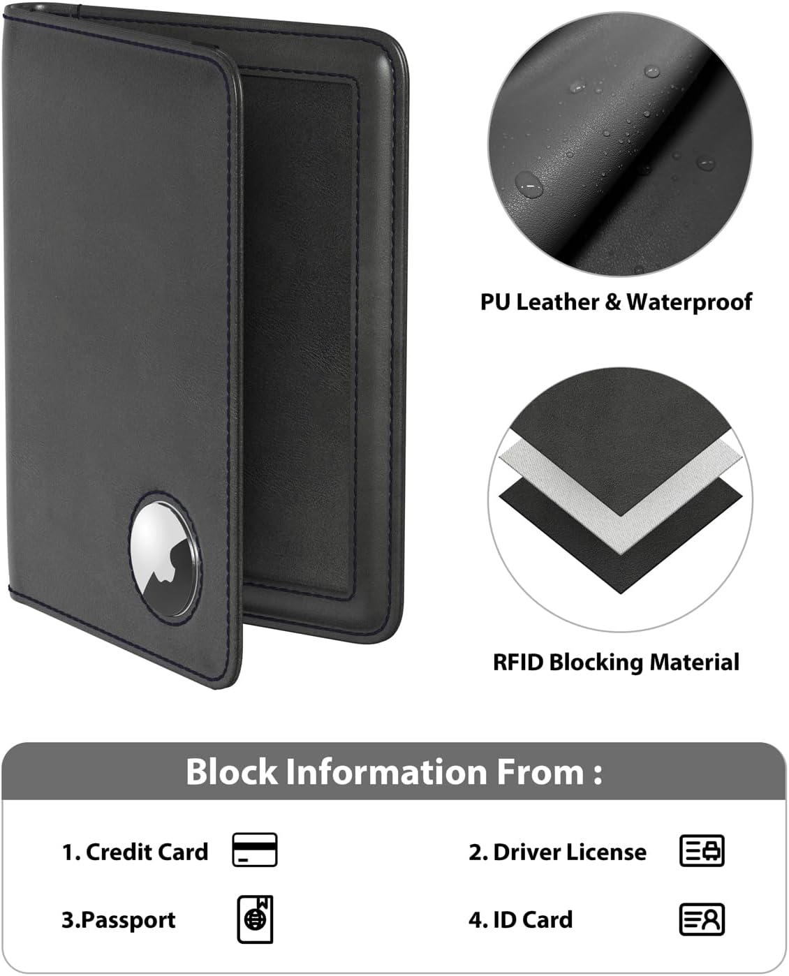 Stouchi AirTag Passport Holder, Slim Passport Holder Family with Airtag Slot, RFID Passport Wallet Cover for Men, PU Leather Passport Case, Anti-Lost Travel Accessories, Black