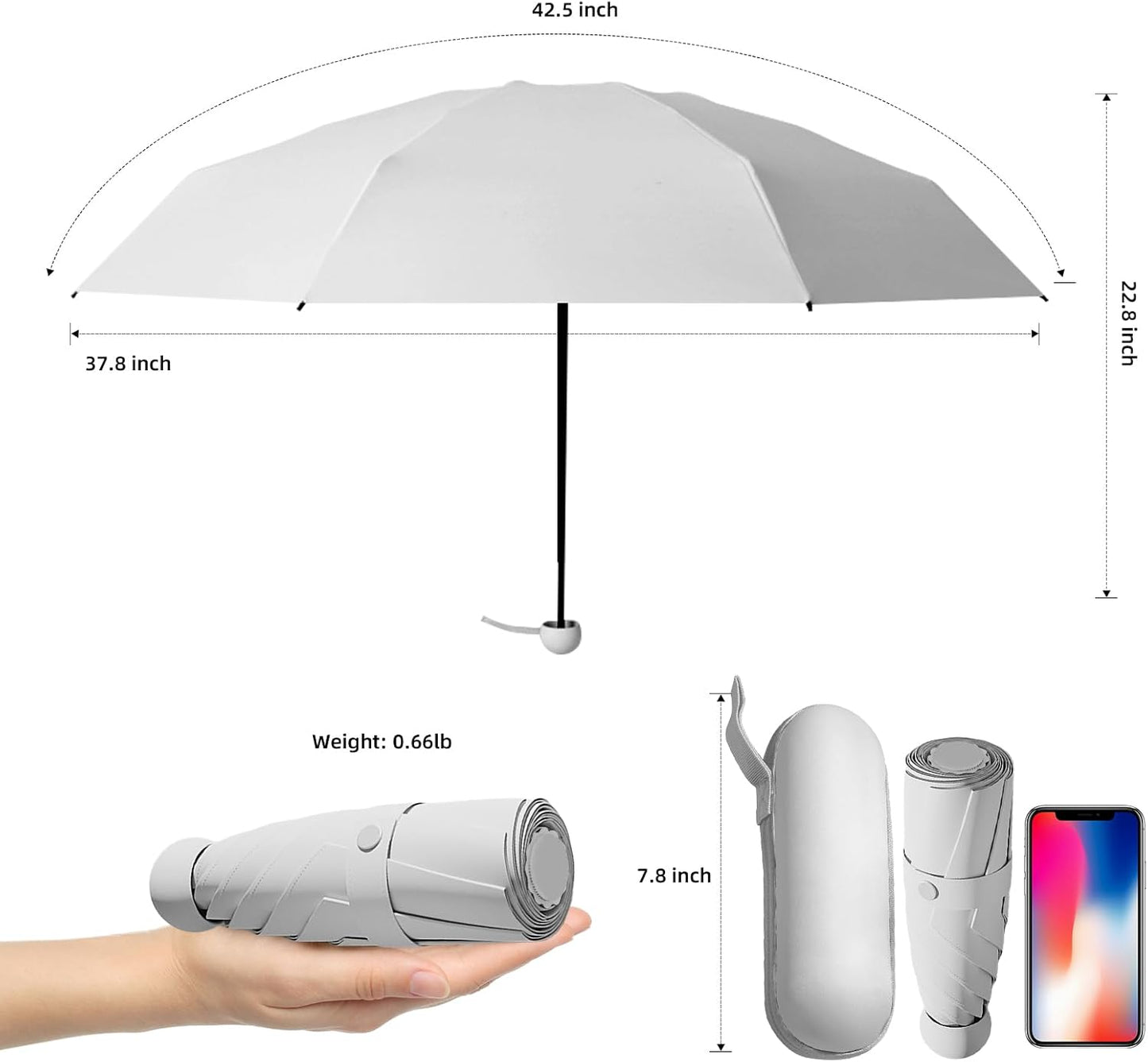 Travel Mini Folding Compact Umbrella with Case, 8 Ribs Lightweight Portable, Small Sun & Rain Pocket Umbrella for Girls and Women