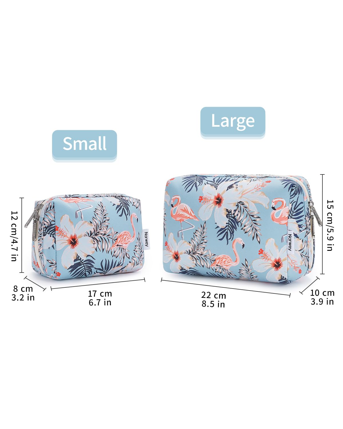 Narwey Cute Makeup Bag Travel Cosmetic Bag Organizer Toiletry Bag Make Up Bags with Compartments for Women Girls (Large, Aqua Flamingo)