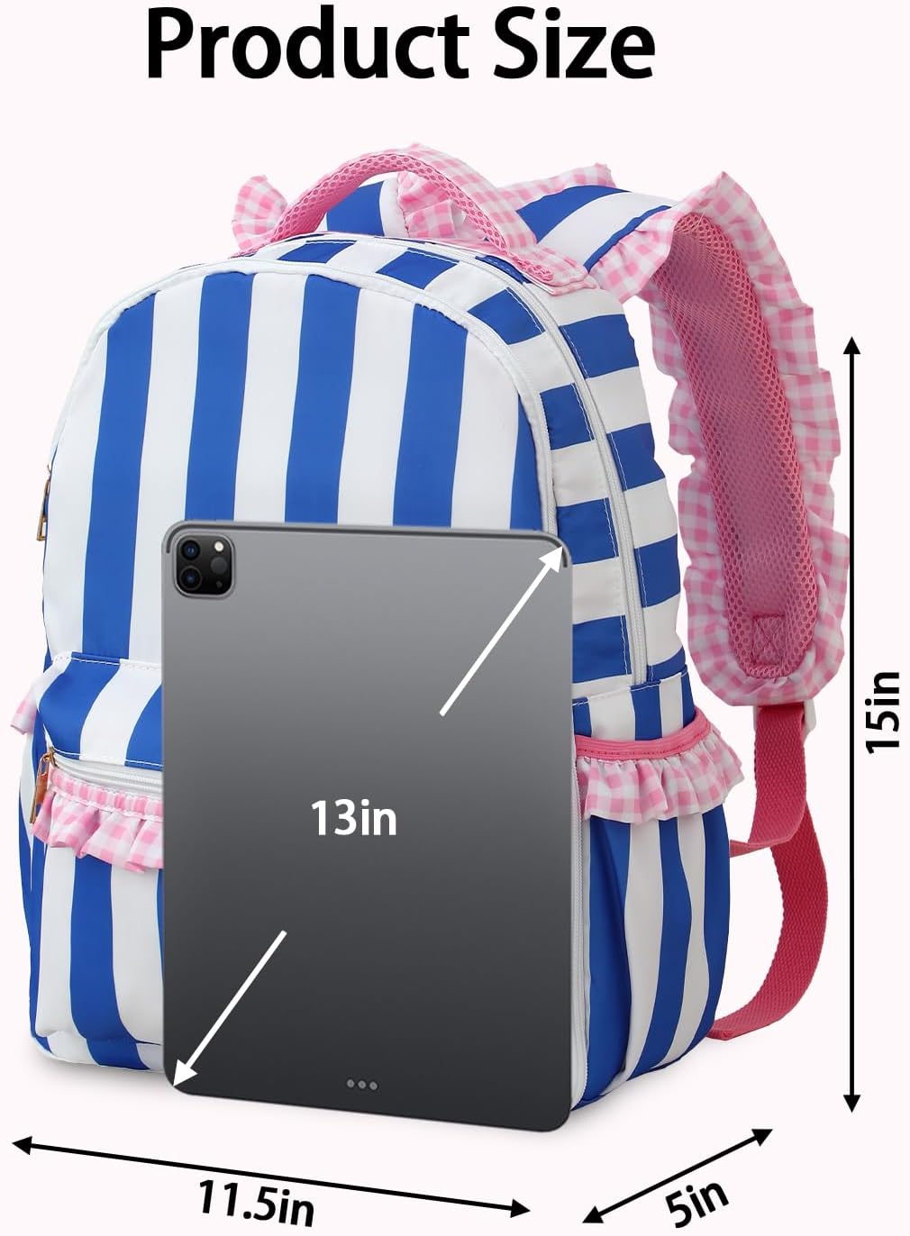 DYSHAYEN Kids Backpack for Girls, 15" Ruffled Backpack for School Kindergarten Bookbag 5-8, Fully Opened Compartment (Blue Stripe)