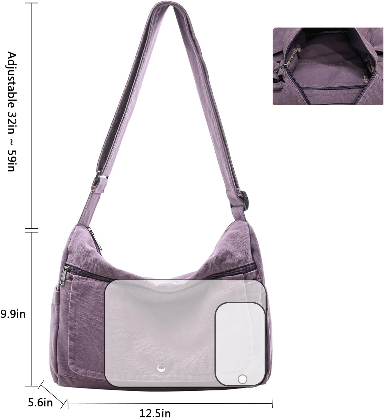 Canvas Messenger Bag for Women Hobo Crossbody Shoulder Bag Vintage Satchel Tote Handbag with Multiple Pockets