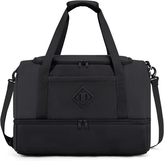 WANDF Travel Duffel Bag with Wet Pocket & Shoe Compartment, 18x14x8 Personal Item Bag with USB Charging Port, Water-Resistant Gym Weekender Overnight Carry-on for Women Men (Black)