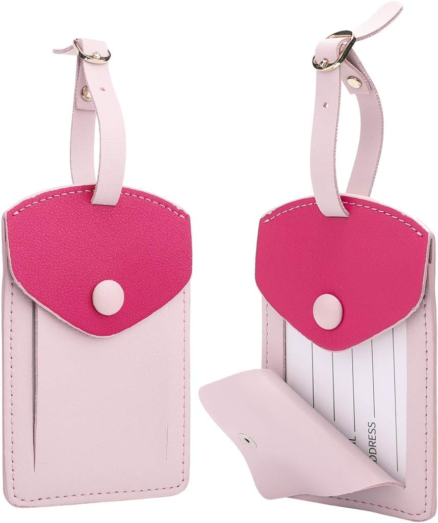 Kevancho Leather Smart Luggage Tags for Men Women, Suitcase Labels Baggage Tote Bag Tag ID Tags with Full Back Privacy Cover for Carnival Cruise Ships, Travel Accessories Tags Set of 2 PCS (Pink)