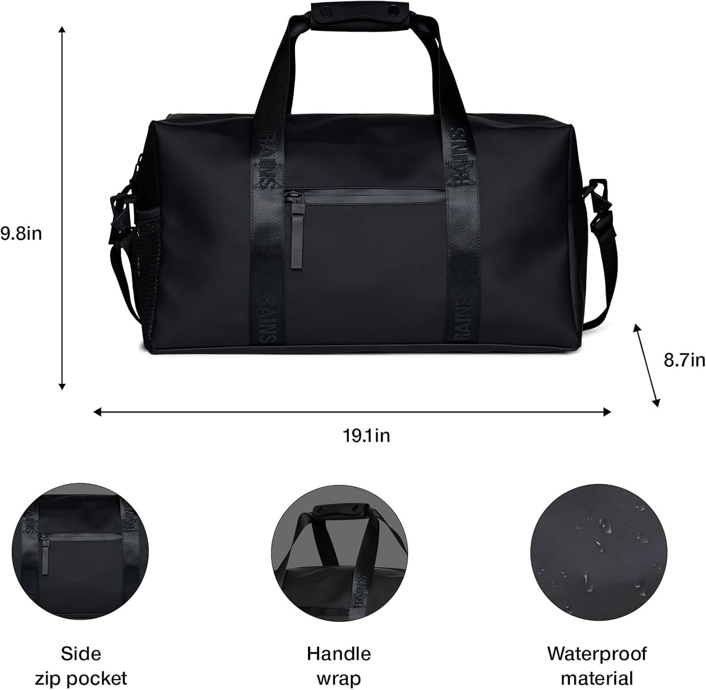 RAINS Trail Gym Bag - Black Waterproof Sports Duffel Bag for Men and Women with Shoulder Strap, Carry Handles and Mesh Pocket for Training or Travel - 2 Year Warranty