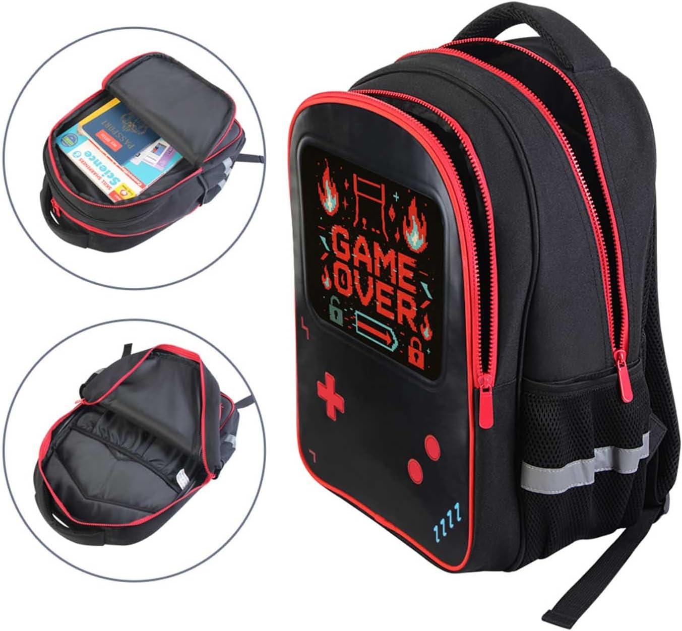 Gamer School Backpack for Boys | 17" Bookbag for Kids 6-12 | Leather-Front Design | Schoolbag for Children Teen Age 6+ | 2 Large Compartments, Mesh Bottle Pockets, Padded Back