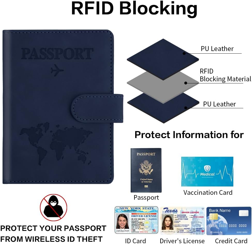 Passport Holder for Travel, Passport Cover Wallet, Premium PU Leather Passport Book Card Holder Case for Women Men, Waterproof RFID Blocking Flying Travelling Essentials Vacation Must Haves, Blue