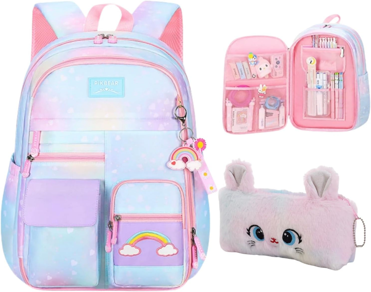 Girls Backpack,Rainbow Backpack for Girls-Kawaii Blue School Bookbag, Lightweight Large Capacity Kids Backpack for Travel & Daily Use