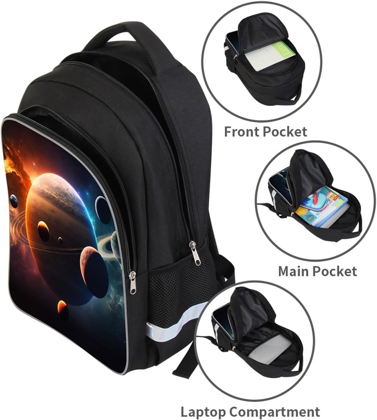 Solar System Planets Stars Space Kids Backpack, Galaxy School Bookbag for Boys and Girls, Polyester, 17 Inches Back Pack, Giftable, Bottle Holders, Tablet Compartment