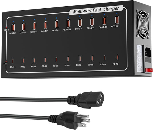 400W USB Charging Station for Multiple Devices, (10 USB C+10 USB A), USB-C Port Supports PD Quick Charge Compatible with iPhone, Smartphones, Tablets and Other Devices (Black)