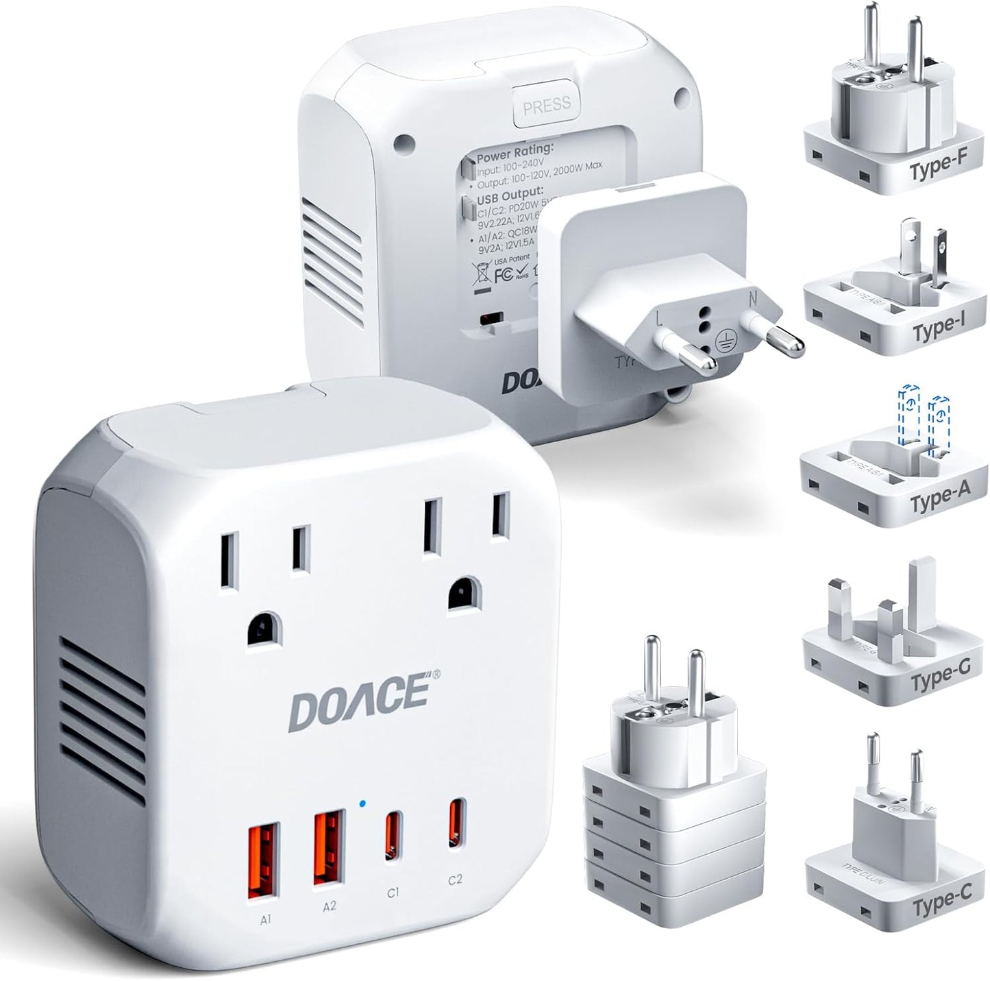 DOACE 2000W Voltage Converter US to Europe - 220V to 110V Converter for European Travel, Power Converter Adapter Combo with 2 PD/QC & UK/AU/US/IT/European Travel Plug Adapters for Hair Dryer Phone