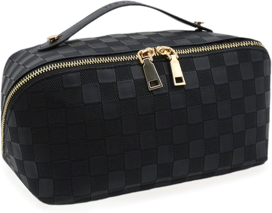 Travel Makeup Bag – Large Cosmetic Organizer with Waterproof PU Leather, Smooth Double Zipper & Tear-Resistant Lining, Toiletry Pouch for Women (Black)