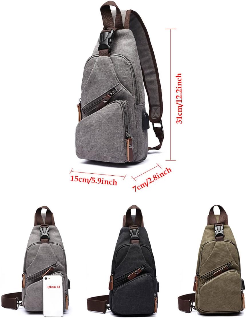 Canvas Sling Bag Crossbody Backpack Shoulder Casual Rucksack for Men Women Outdoor Cycling Hiking Travel Fishing Grey