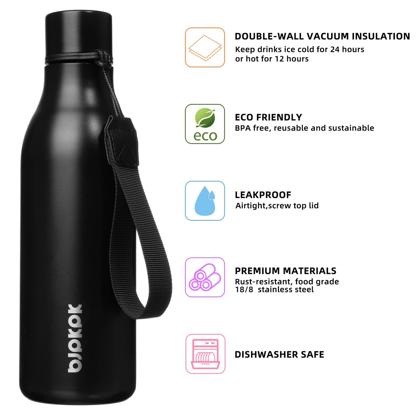 BJPKPK 18oz Insulated Water Bottle, Stainless Steel Bottle with Carry Strap