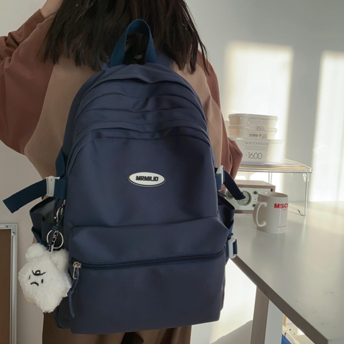 Kawaii Backpack with Cute Accessories Casual Aesthetic Daypack Simple Laptop Bag Waterproof Travel Rucksack for Women (dark blue)