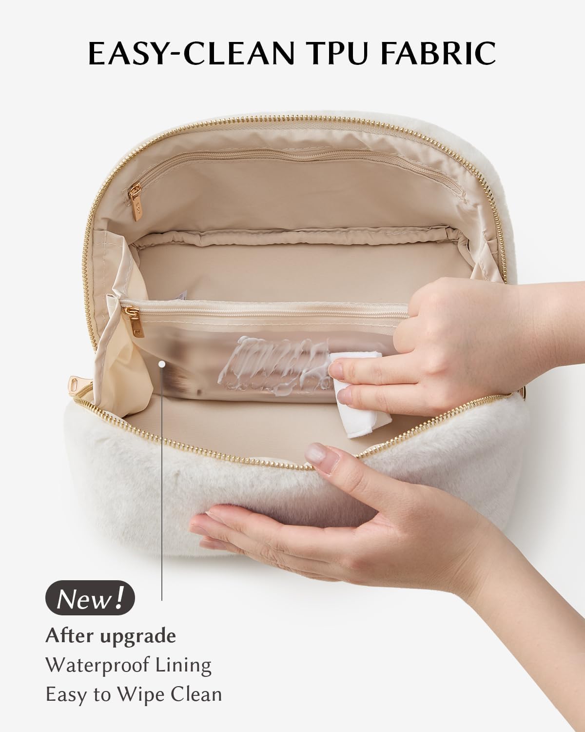EACHY Travel Makeup Bag,Cute Faux Fur Cosmetic Bag for Women,Portable 180°Wide-Open Flat Toiletry