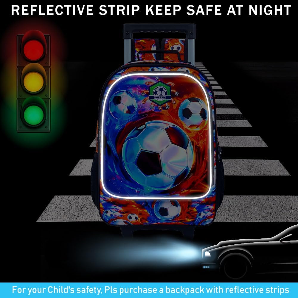 3PCS Rolling Backpack for Boys, Kids Roller Bookbag with Wheels, Soccer Wheeled School Backpack for