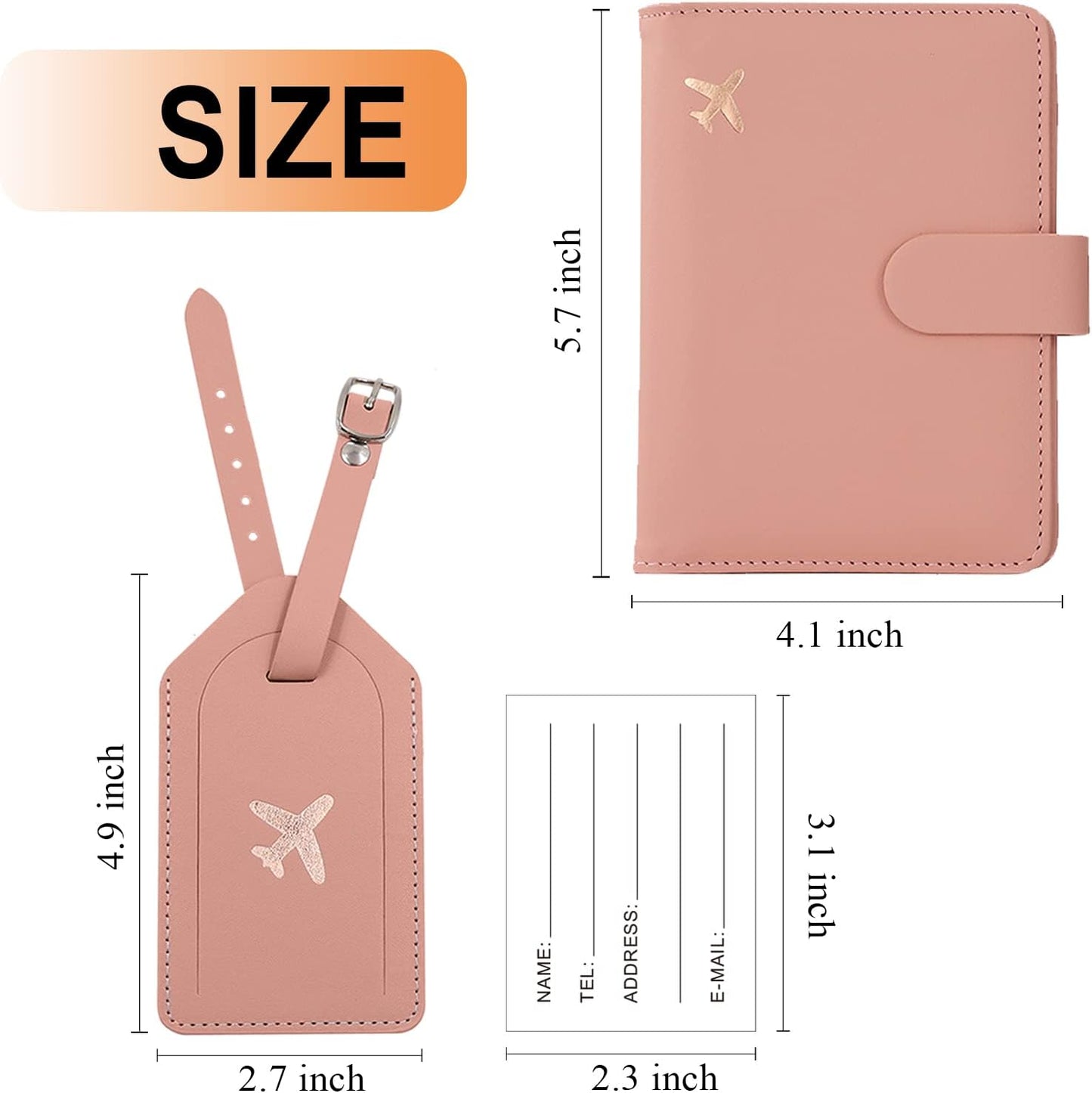 Real Leather Wallet RFID Passport Holder with Suitcase Tag Set Card Slots (Pink)